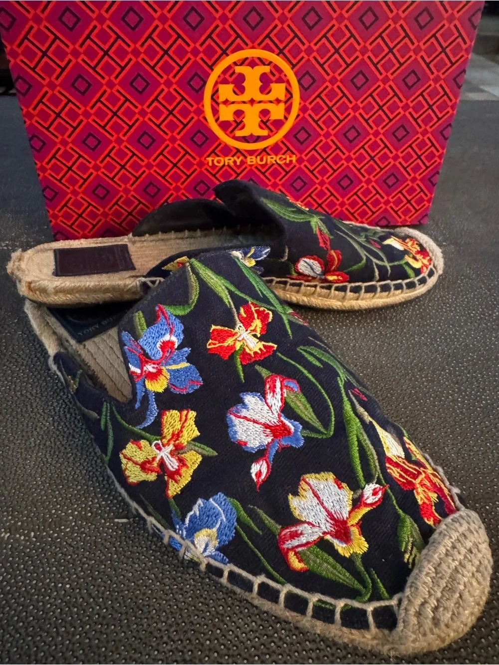 Tory Burch Navy Floral Embroidered Espadrilles